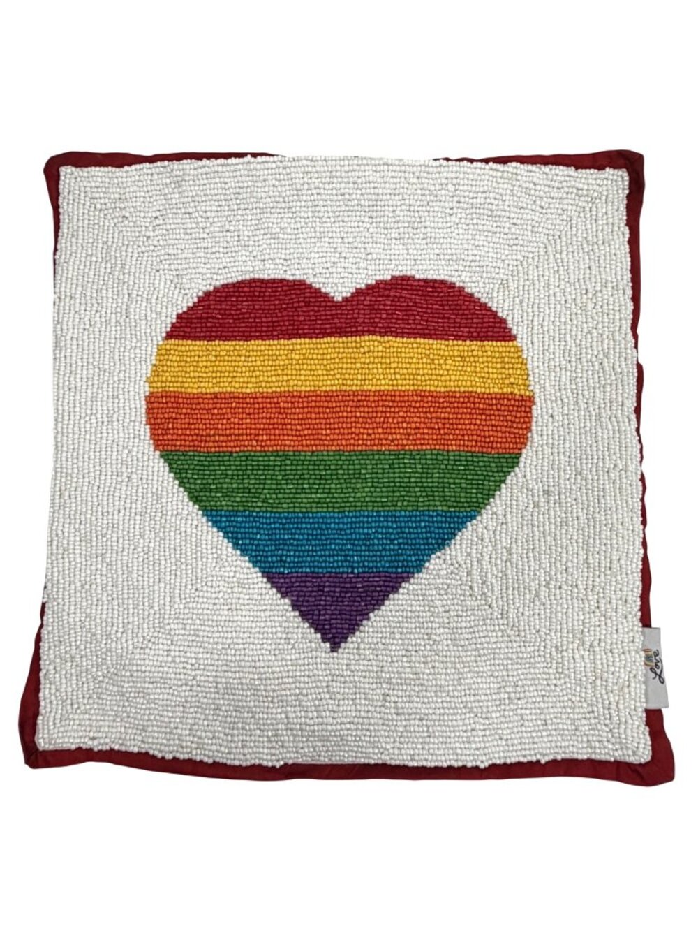 Pride Rainbow Heart Beaded Decorative Throw Pillow Cover Red Backing By LOVE